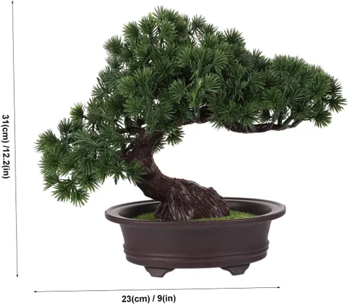 Vista 2 de Mini planta de plástico decorativa de pino sintético para bonsái, verde, 10.23 oz