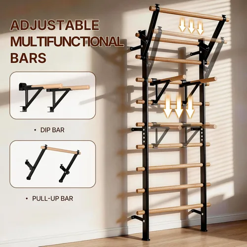 Vista 3 de Escalera sueca barra de madera para parada, entrenador de suspensión con barra de dominadas y accesorios de barra de inmersión, barra de madera