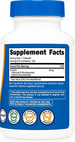 Vista 4 de Nutricost NADH (10 mg) 120 cápsulas, vegano, sin gluten, sin OMG