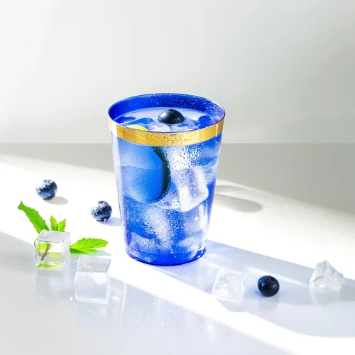 Vista 2 de Supernal 100 piezas de vasos de plástico azules, vasos desechables transparentes azules claros de 10 onzas con borde dorado, vasos de plástico