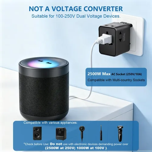 Vista 8 de Adaptador de viaje universal 7 en 1 de 17 W, 3 entradas, 2 USB-A + 2 USB-C, adaptador de corriente internacional para EE. UU. UE Reino Unido AU