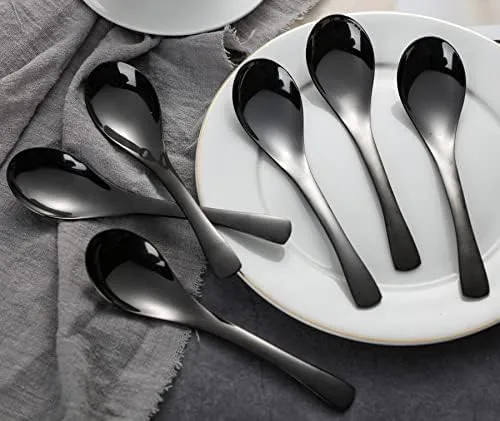 Vista 4 de Juego de 6 cucharas de mesa redondas de acero inoxidable con espejo pulido de plata para ramen