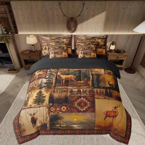 Vista 135 de Feelyou Juego de edredón de ciervo con sábanas – Tamaño Queen 7 piezas Juego de ropa de cama infantil de caza rústica – Cama de ciervo de cabaña