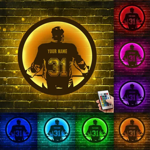 Vista 8 de Letrero de metal personalizado para jugador de hockey con luz LED, nombre personalizado y número, arte de pared de hockey, letrero de neón