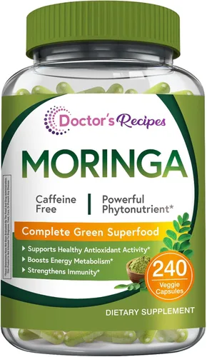 Vista 10 de Doctor's Recipes Moringa 11,000 mg de potencia, Superalimento Verde Completo, Apoyo Antioxidante Natural, Sin OMG, 60 cápsulas veganas, Sin cafeína
