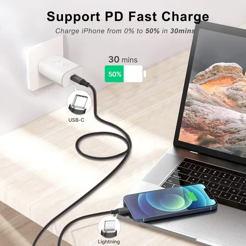 Vista 4 de Cable USB C a Lightning [certificado Apple MFi] Paquete de 2 cables de carga rápida para iPhone de 1 pie, cable de carga tipo C compatible