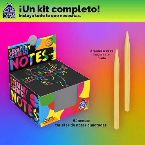Vista 3 de Mininotas raspables: 150 hojas negras con holograma de brillo plateado o arco iris para niños, hojas para arte y manualidades y garabateo. Incluye