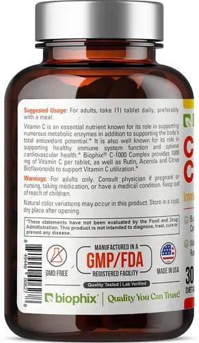 Vista 9 de biophix Vitamina C-1000 mg 30 tabletas Complejo - Vegano con calcio cítrico Bioflavonoides Acerola Rutina - Apoya la salud inmunológica
