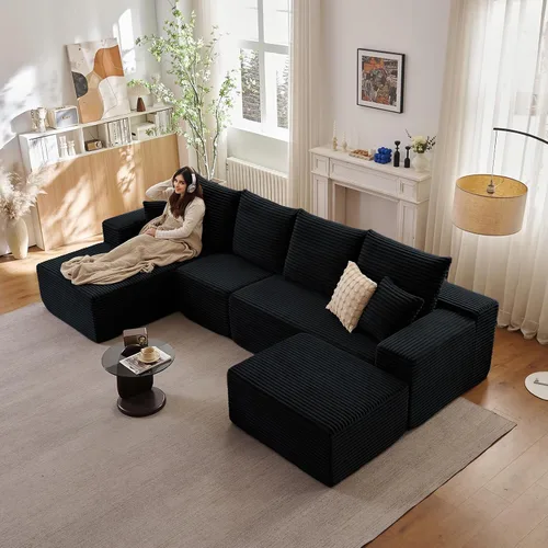 Vista 11 de Sofá modular Cloud de 95 pulgadas con otomana, moderno sofá nube en forma de U con asiento profundo, cómodo sofá de pana de 3 plazas, sofá de espuma