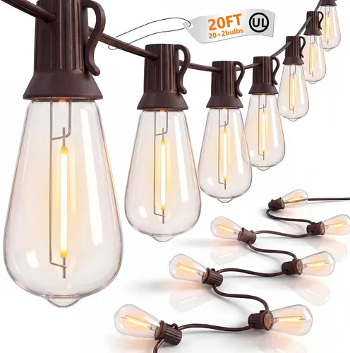 Vista 10 de Tira de luces LED ST40 de 20 pies para exteriores con 22 bombillas Edison vintage inastillables, tira de luces para patio, impermeable, para patio