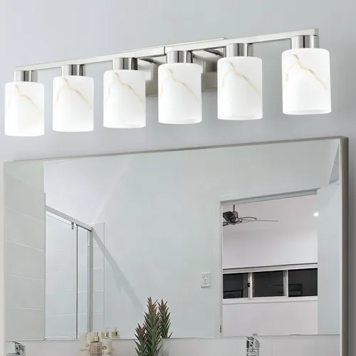 Vista 25 de Juego de 2 apliques de pared dorados con pantalla de vidrio de mármol, accesorios modernos de tocador de baño para dormitorio, pasillo, entrada