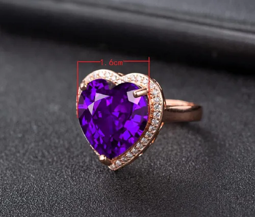 Vista 2 de Anillo de amatista morada con forma de corazón enorme para mujer, con diamantes de imitación, compromiso de boda, compromiso, anillo de apertura