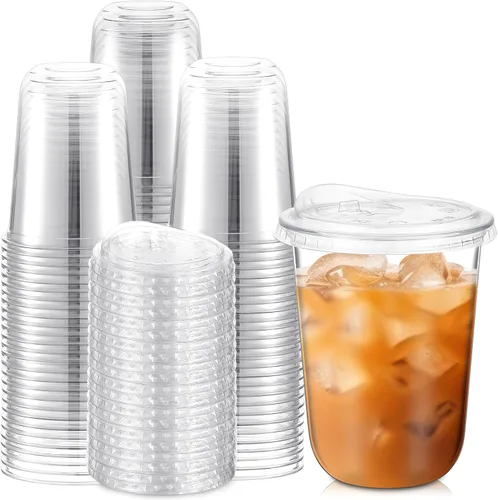 Vista 9 de Ziliny 50 juegos de vasos de plástico transparente con tapas para sorber sin pajita, vasos de cristal de plástico PET desechables transparentes