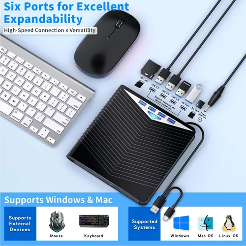 Vista 7 de Dainty Unidad Blu ray externa 7 en 1 lectura/escritura con quemador Bluray USB 3.0 y tipo C compatible con/Windows7-11 Mac OS Soporte para unidad