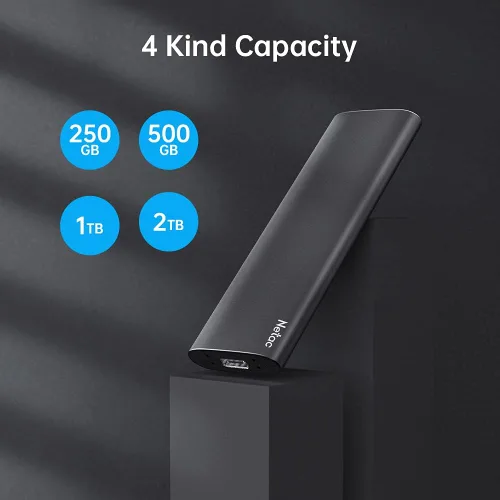 Vista 7 de Netac 250GB SSD portátil USB 3.2 Gen 2 (10 Gbps, Type-C) Disco duro externo de estado sólido, delgado, portátil para almacenamiento