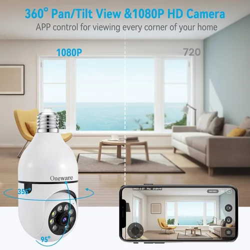 Vista 4 de Cámara de Seguridad con Bombilla LED HD Pan Tilt Inalámbrica 360 Grados Reflector Visión Nocturna 5Ghz con Reflector Detección de Movimiento Humano