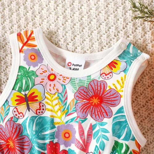 Vista 4 de PATPAT Mameluco floral sin mangas con borlas y pompón para bebé, conjunto con diadema de 0 a 18 meses