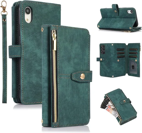 Vista 8 de UEEBAI Funda para iPhone XR, 9 ranuras para tarjetas, cartera de cuero retro, a prueba de golpes, con correa de mano, ranuras para tarjetas Negro