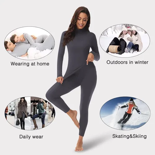Vista 6 de Conjunto de ropa interior térmica con cuello alto falso para mujer, forro polar ultrasuave y cálido