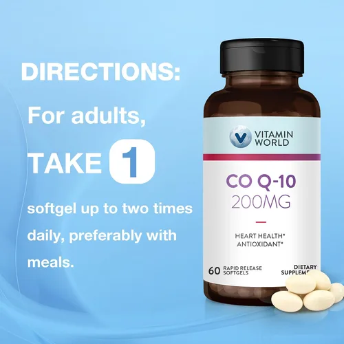 Vista 6 de Vitamin World Cápsulas blandas CoQ10 de 200 mg, suplementos de coenzima Q10 para apoyo antioxidante, salud cardíaca y producción de energía, sin