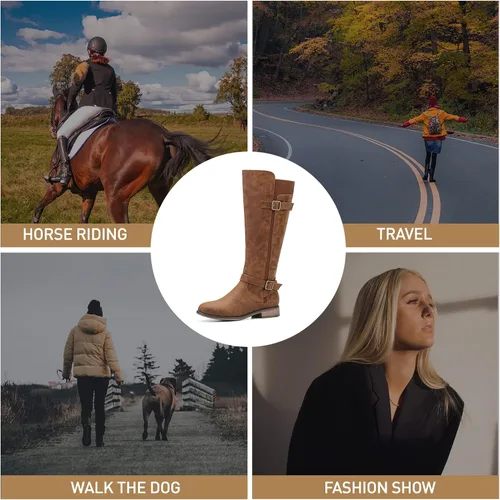 Vista 5 de ALLOT Botas altas hasta la rodilla para mujer, botas de equitación elásticas de moda, tacón bajo, correa de hebilla, zapatos de motocicleta