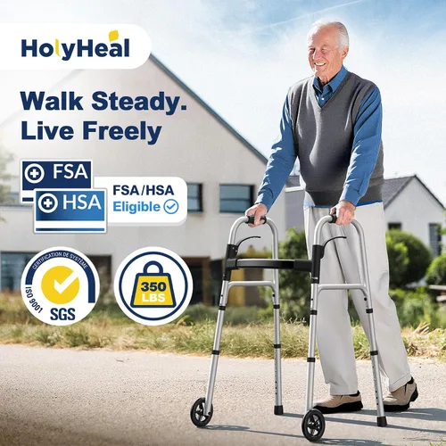 Vista 2 de Caminantes plegables para personas mayores, ruedas de 5 pulgadas, caminante ligero con ruedas, soporta hasta 350 libras, caminante estándar