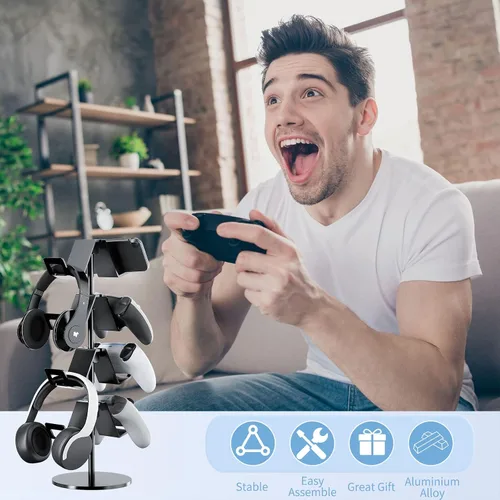 Vista 6 de Controller Holder 4 Tier,Headphone Stand - Adjustable Headset Holder for Xbox PS5 PS4 Switch Pro - Gaming Storage for Universal Game