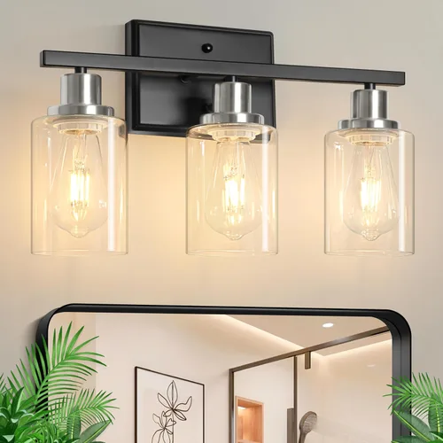 Vista 22 de Ascher Apliques de pared de 2 luces, moderna lámpara de tocador con pantalla de vidrio transparente, lámpara de pared de níquel cepillado