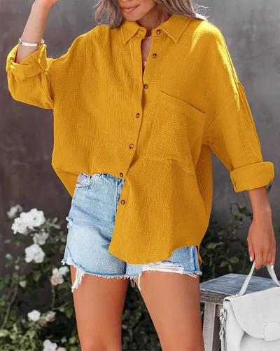 Vista 3 de NOLLSOM Camisas casuales para mujer, blusas de manga larga con botones, color liso, con bolsillo
