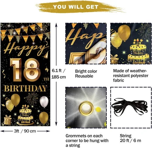 Vista 2 de Cartel de puerta de fiesta de cumpleaños número 18, decoración de feliz cumpleaños 18 para niñas y niños, telón de fondo negro dorado para fotos