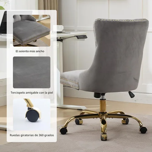 Vista 5 de Silla de escritorio de terciopelo gris con ruedas y base dorada, silla de oficina moderna giratoria cómoda, silla de tocador, silla de tarea, silla
