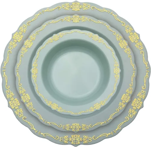 Vista 4 de SIZENAME - Platos de plástico desechables, diseño victoriano de calidad premium, color crema, para fiestas y bodas, 60