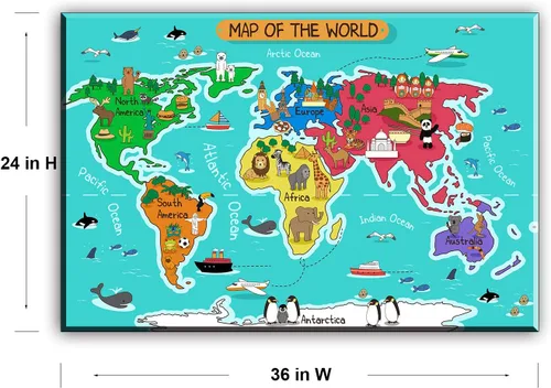 Vista 2 de Mapa del mundo - Lienzo decorativo para pared para habitación de los niños, animales típicos en el mapa del continente, impresiones en lienzo