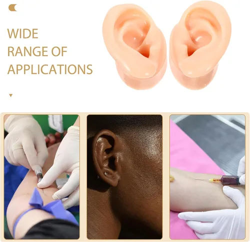 Vista 3 de 2 modelos de orejas de silicona suave para la práctica de piercing, orejas falsas flexibles realistas para exhibición de joyas y enseñanza