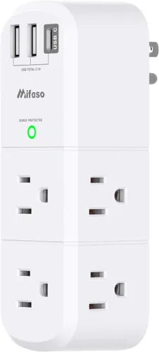 Vista 9 de Mifaso - Extensor de tomacorriente USB, protector de sobretensiones con enchufe giratorio, 1800 julios, 6 tomas de corriente alterna y 3 puertos USB