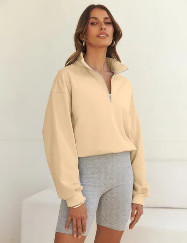 Vista 8 de MEROKEETY Sudadera corta con cremallera de un cuarto para mujer, manga larga, cuello alto, con cordón