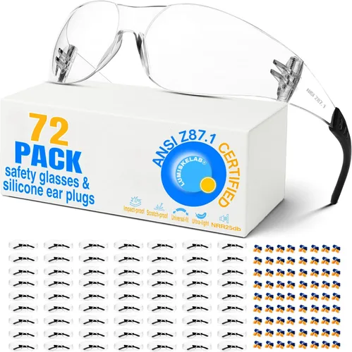 Vista 12 de Paquete de 12 lentes de seguridad transparentes para hombres y mujeres – Certificado ANSI Z87.1, 12 tapones de silicona para los oídos (NRR 25 dB)