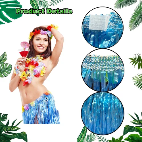 Vista 2 de Juego de 8 piezas de falda de hierba, lentes de sol, collar y pulsera Leis, decoraciones Luau para niños