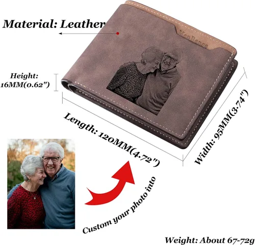 Vista 15 de INBLUE Billetera plegable grabada personalizada, cartera de cuero personalizada con foto y texto grabado, regalos para hombres, marido, papá, hijo