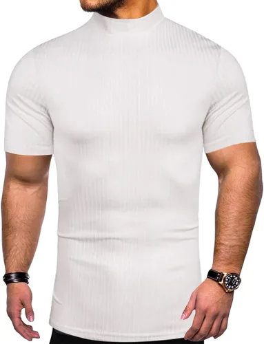 Vista 3 de Suéter de manga corta para hombre, cuello alto, acanalado, color sólido, básico, ajustado, ligero