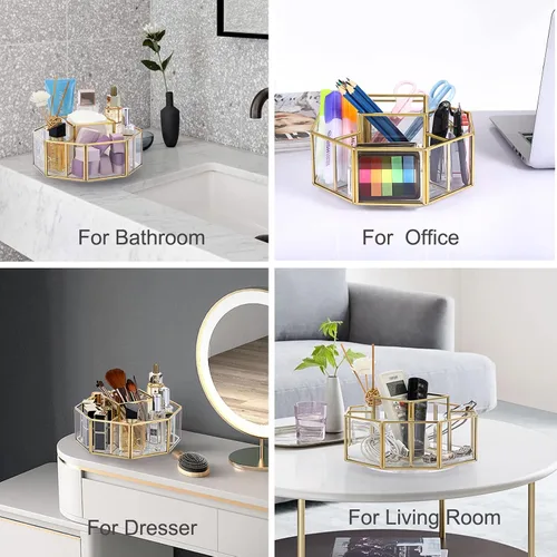 Vista 3 de Hipiwe Organizador de maquillaje de vidrio giratorio de 360 grados, 5 ranuras de metal dorado, soporte de exhibición de almacenamiento de cosméticos