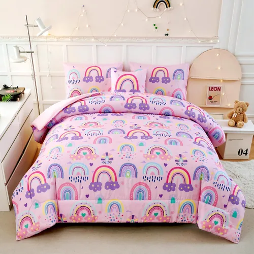 Vista 15 de ANGIYUIN - Juego de edredón infantil de gradiente arcoíris púrpura profundo, 6 piezas, ropa de cama con purpurina brillante para niñas, juego