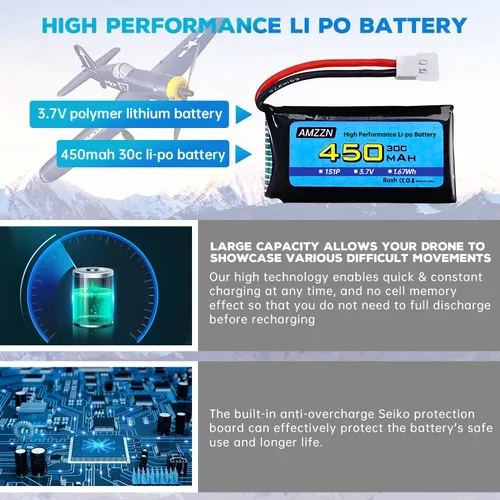 Vista 5 de 5 baterías Lipo de 3.7 V 450 mAh 30C con cargador 5 en 1 enchufe Molex compatible con la mayoría de drones RC, aviones de cuatro ejes y modelos