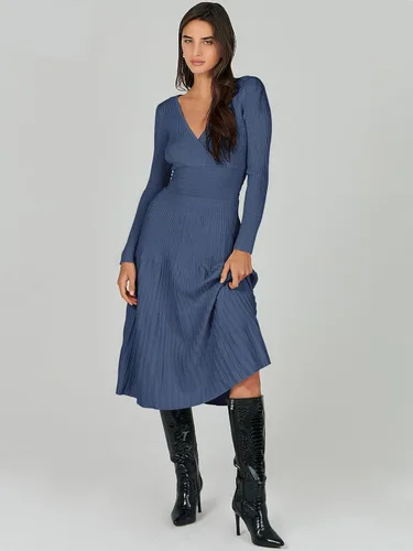 Vista 5 de ANRABESS Vestido midi cruzado tipo suéter para mujer, manga larga, cuello en V, cintura alta, acanalado, plisado, vestido acampanado