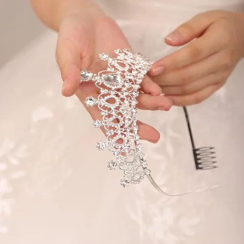 Vista 4 de JWICOS Corona de tiara plateada con peine para mujer, tiara de cristal elegante para novias, boda, diadema para concursos de graduación, fiesta