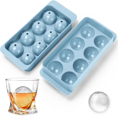 Vista 10 de Molde para cubitos de hielo para whisky, 2 x 8 cubos de hielo de whisky de 1.8 pulgadas, bandeja circular para cubitos de hielo con tapa