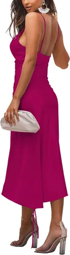 Vista 2 de LYANER - Vestidos de satén para mujer con tirantes delgados y cuello vuelto holgado largo debajo de la rodilla diseño sexy fruncido ideal para cóctel