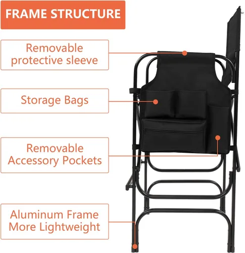 Vista 6 de mefeir Silla de Director de 30" Plegable Negra con Mesa Lateral y Bolsa de Almacenamiento, Altura de Barra Portátil para Artista de Maquillaje