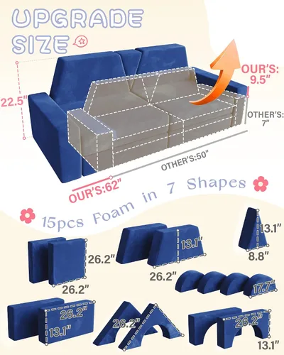 Vista 2 de 15 piezas Sofá de juego modular para niños, Sofá para niños pequeños y niños, sofás para niños pequeños, Kit de construcción de fortalezas con sofás