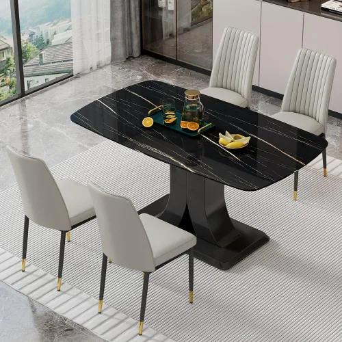 Vista 14 de Juego de mesa de comedor moderno para 6, juego de mesa de cocina y sillas de mármol para 6, mesa de cocina rectangular con 6 sillas tapizadas
